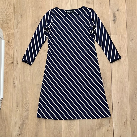 Duffield Lane Diagonal Stripe Long Sleeve A-Line Shift Dress Navy Blue White XS - Picture 2 of 10